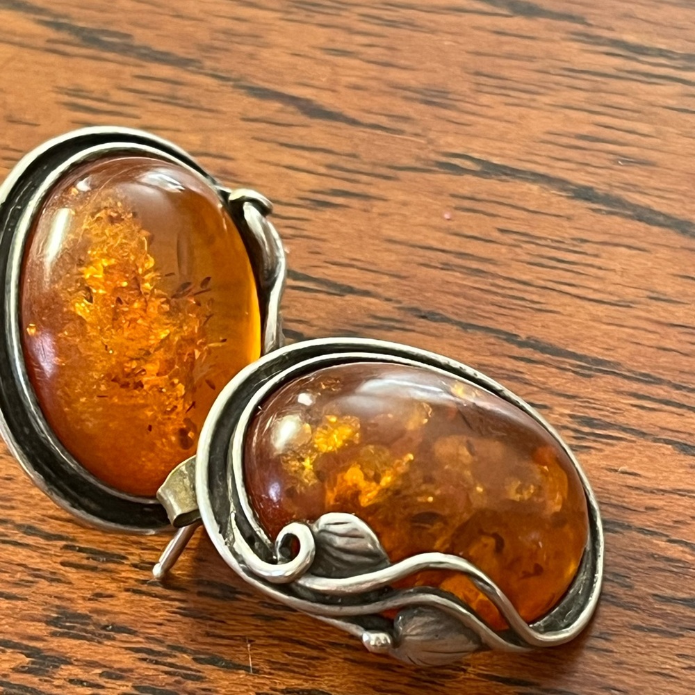 Amber and Silver Post Earrings